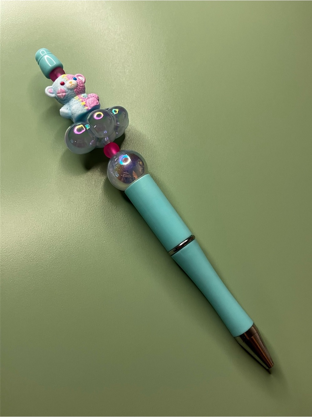 Blue Pink Emo Bear on a Blue Cloud Kawaii Handmade Beaded Pen - Picture 7 of 8
